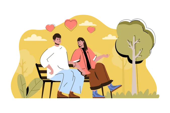 Pareja sentada en un banco del parque  Ilustración