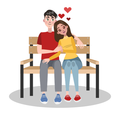 La pareja se sienta en un banco y hace romance  Ilustración
