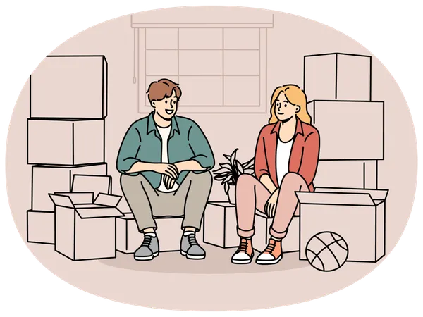 Pareja sentada entre cajas de pertenencias después de mudarse a una nueva casa o apartamento  Ilustración