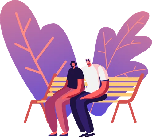 Pareja sentada juntos en un banco del parque  Ilustración