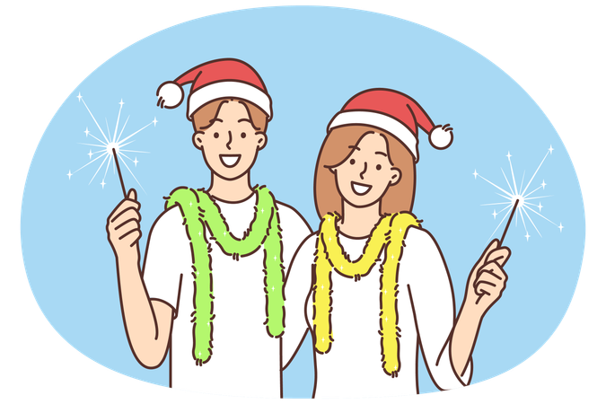 Una pareja sonriente con bengalas celebra el Año Nuevo  Ilustración