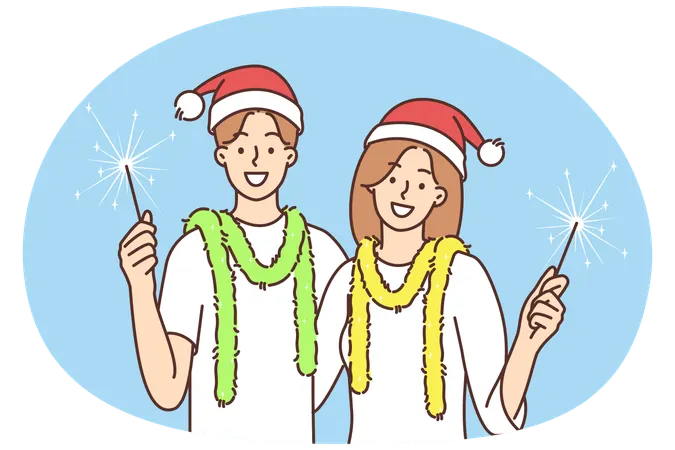 Una pareja sonriente con bengalas celebra el Año Nuevo  Ilustración