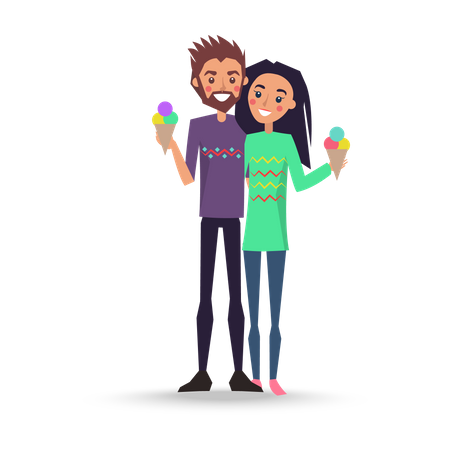 Pareja sosteniendo cono de helado en la mano  Ilustración