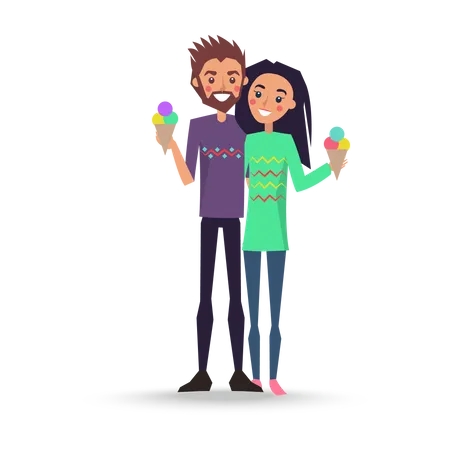 Pareja sosteniendo cono de helado en la mano  Ilustración