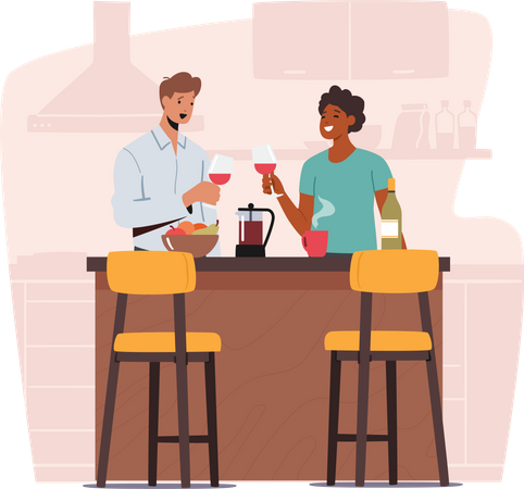 Pareja sosteniendo copas de vino en las manos de pie en el escritorio de la cocina con frutas  Ilustración