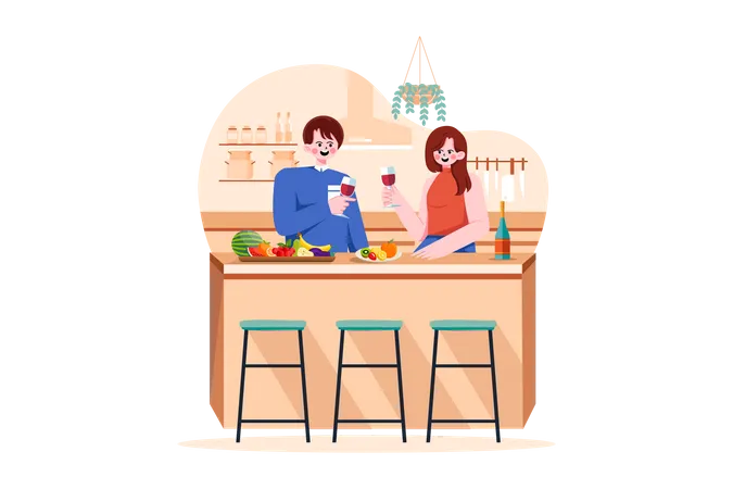 Pareja sosteniendo copas de vino en las manos de pie en el escritorio de la cocina con frutas  Ilustración