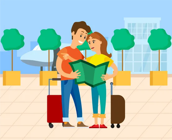 Pareja sosteniendo un mapa y encontrando dirección en el aeropuerto  Ilustración