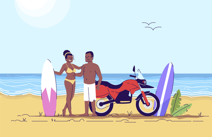 Pareja surfeando en la playa  Ilustración