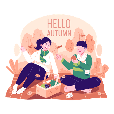 Pareja haciendo un picnic en otoño  Ilustración