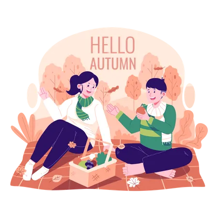 Pareja haciendo un picnic en otoño  Ilustración