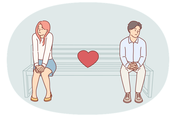 Una pareja tímida en su primera cita sentada en un banco del parque y sintiéndose incómoda debido a la falta de intereses comunes  Ilustración
