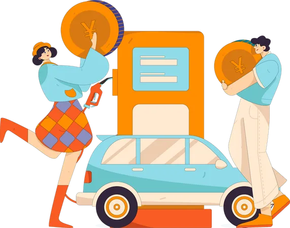 Una pareja toma un coche nuevo y le echa gasolina  Ilustración