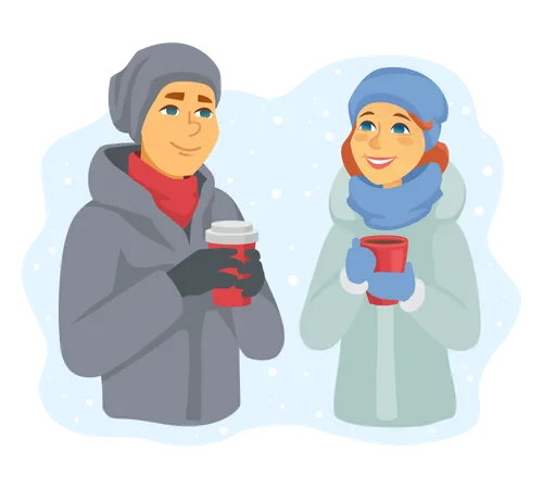 Pareja tomando café en invierno  Ilustración