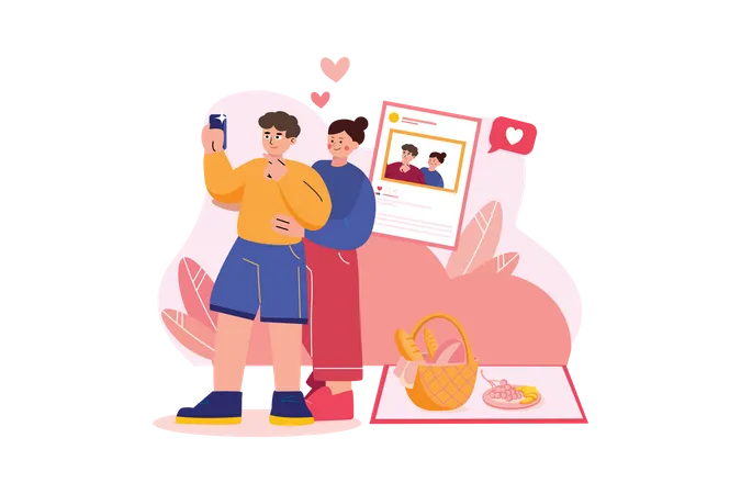 Pareja tomándose un selfie en el día de San Valentín  Ilustración