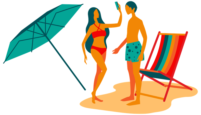 Pareja tomando selfie en la playa  Ilustración