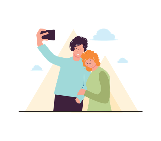 Pareja tomando selfie en viaje  Ilustración