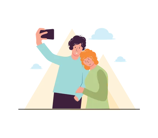 Pareja tomando selfie en viaje  Ilustración