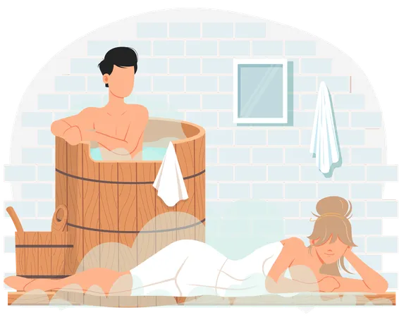 Pareja tomando baño de vapor juntos  Ilustración