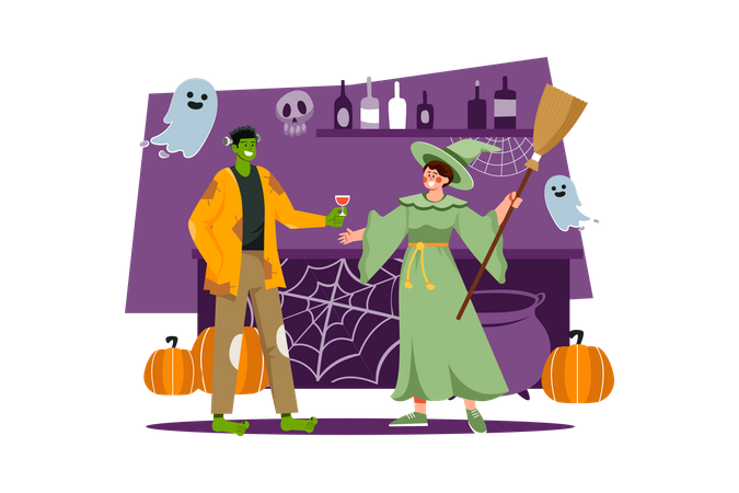 Pareja tomando una bebida de halloween  Ilustración