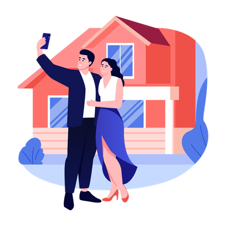 Pareja tomándose una foto con su nueva casa  Ilustración
