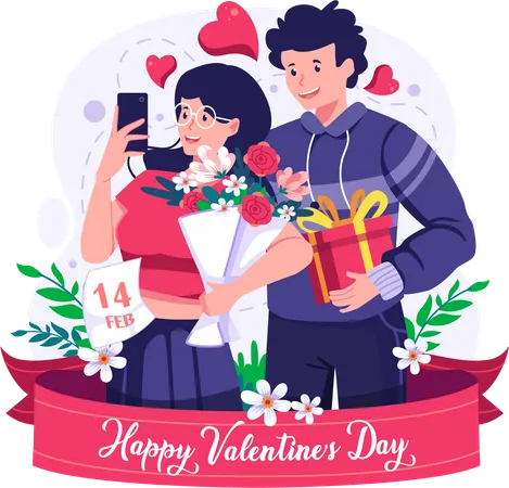 Una pareja se toma un selfie el día de San Valentín  Ilustración