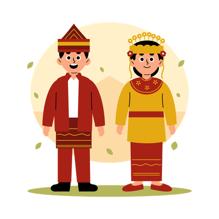 Pareja tradicional de Kalimantan del Sur en ropa cultural, Borneo, Kalimantan del Sur  Ilustración