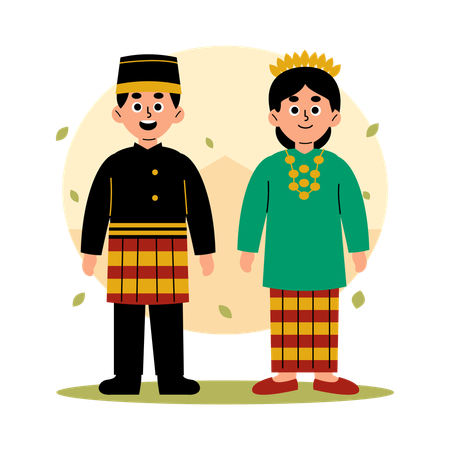 Pareja tradicional de Sulawesi del Sur con vestimenta cultural, Sulawesi del Sur  Ilustración