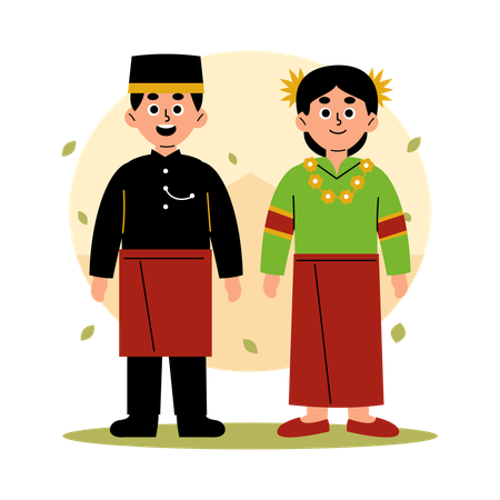 Pareja tradicional de Sulawesi Occidental con vestimenta cultural, Sulawesi Occidental  Ilustración