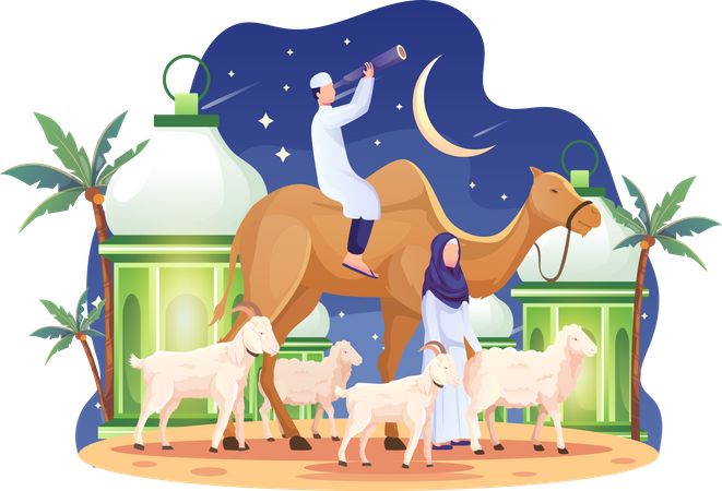 Una pareja trajo un camello y algunas cabras en vísperas de Eid Al Adha Mubarak  Ilustración