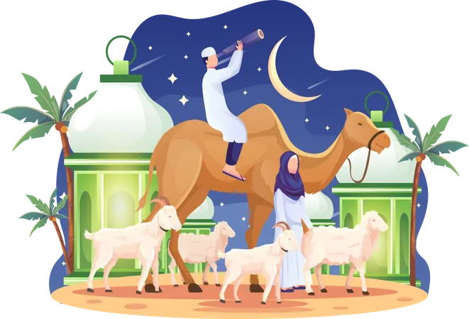 La Pareja Trajo Un Camello Y Algunas Cabras Y Ovejas En Visperas De Eid Al Adha Mubarak Ilustracion De Vector Plano Ilustración