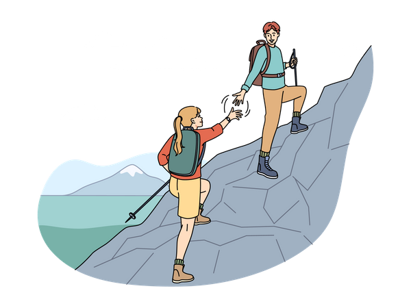 Pareja de trekking en la montaña  Ilustración