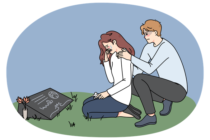 Pareja triste llorando ante la lápida de su mascota  Ilustración