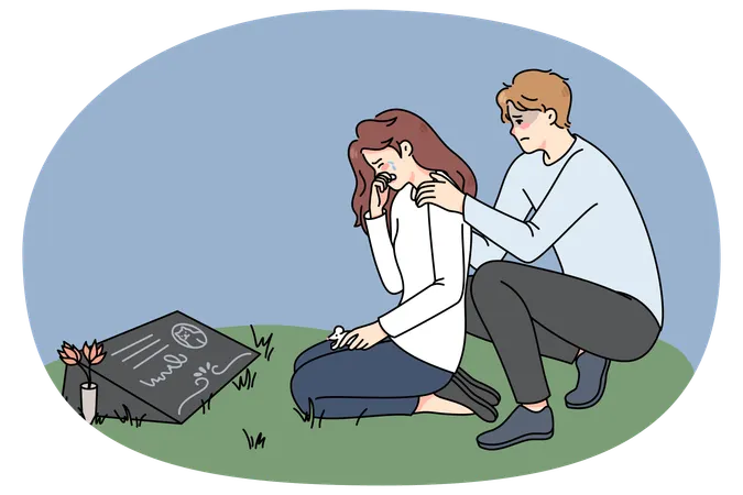 Pareja triste llorando ante la lápida de su mascota  Ilustración