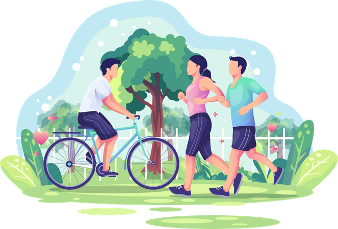 Pareja corriendo y andando en bicicleta en el parque  Ilustración