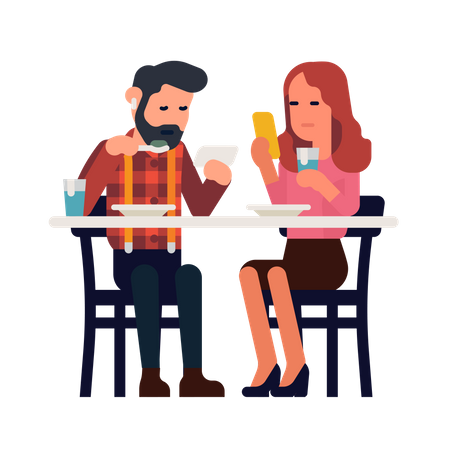 Una pareja usa un teléfono mientras come  Ilustración