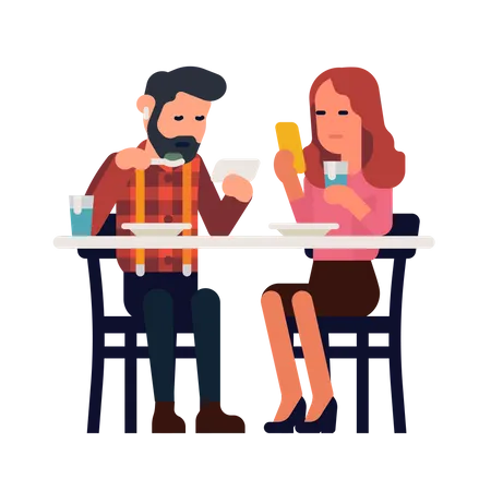 Una pareja usa un teléfono mientras come  Ilustración