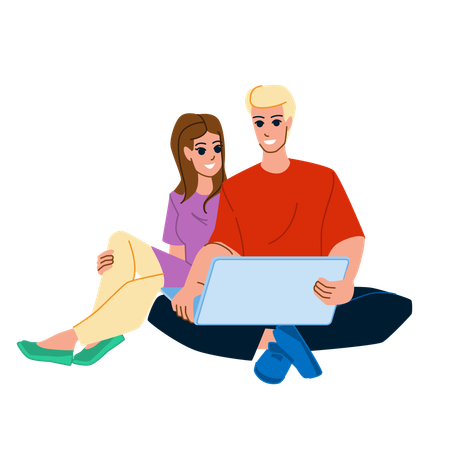 Pareja usando computadora  Ilustración