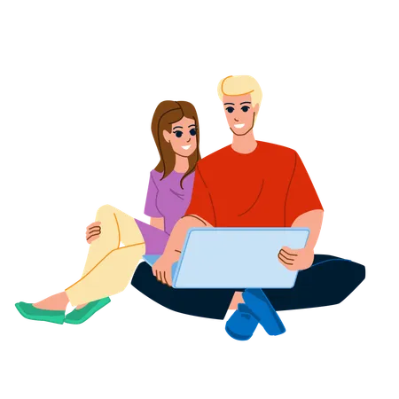 Pareja usando computadora  Ilustración