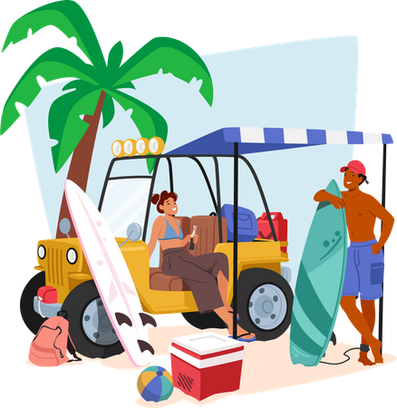 Pareja viaja en coche en la playa  Ilustración