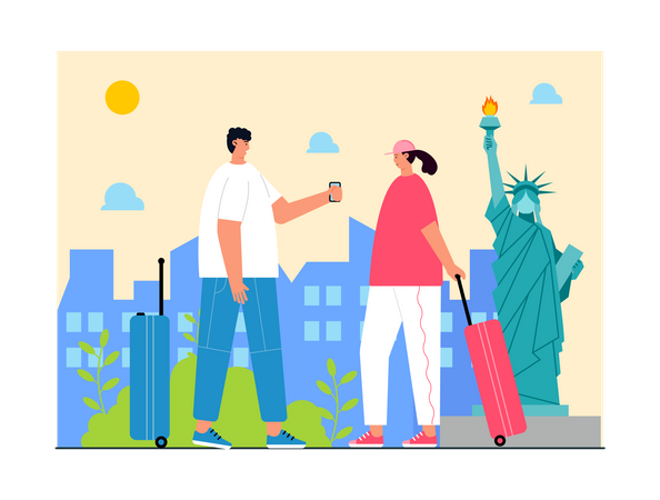 Pareja viajando en nueva york  Ilustración