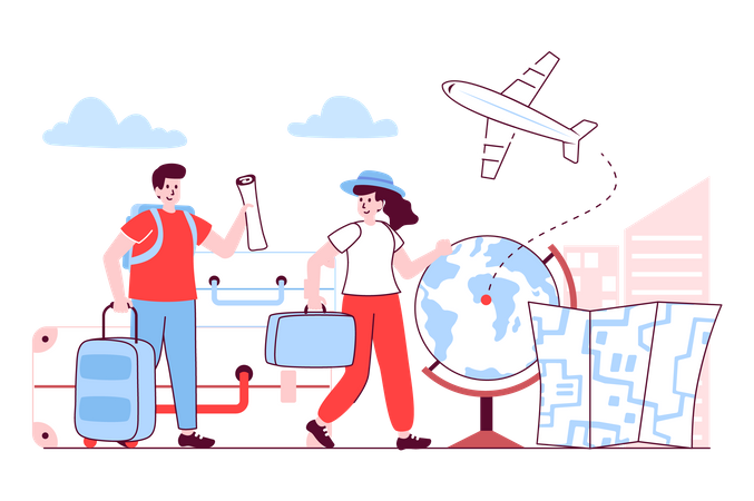 Pareja viajando en un viaje internacional  Ilustración