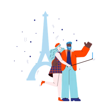 Pareja viajera tomándose selfie con dispositivo móvil en el contexto de la Torre Eiffel  Ilustración