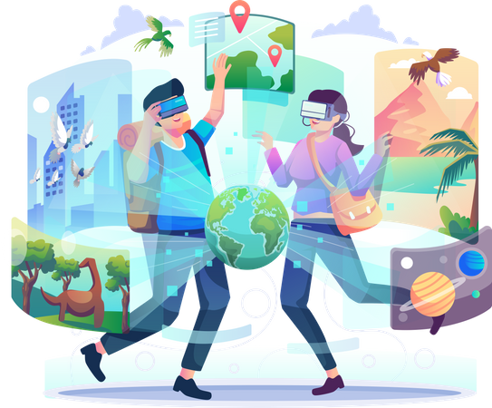 Pareja viajando usando vr  Ilustración