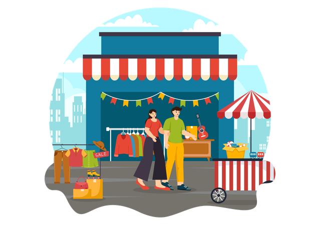 Pareja visitando el mercadillo  Ilustración