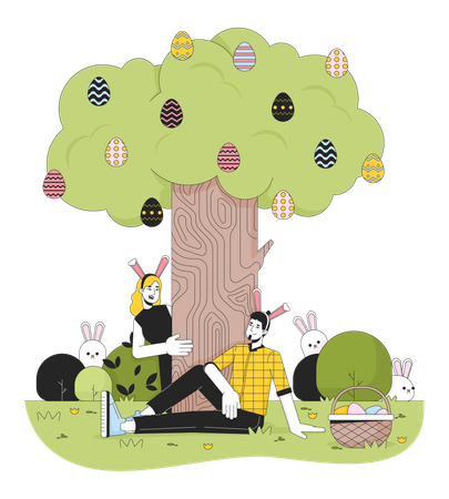 Pareja vistiendo orejas de conejo en el patio  Ilustración