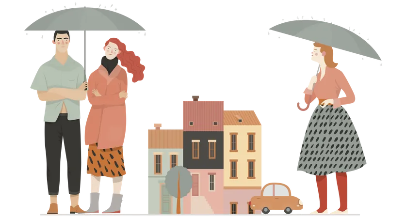 Pareja y chica soltera de pie bajo la lluvia  Ilustración