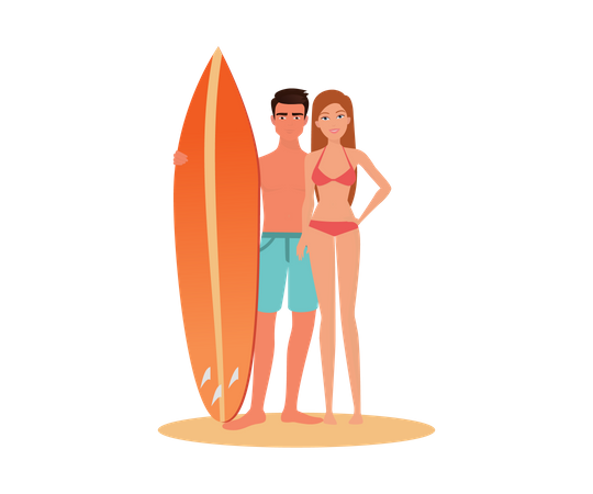 Pareja yendo a surfear  Ilustración