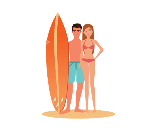 Pareja yendo a surfear  Ilustración