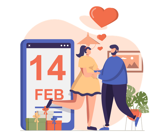 Parejas celebrando el 14 de febrero.  Ilustración