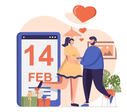 Parejas celebrando el 14 de febrero.  Ilustración